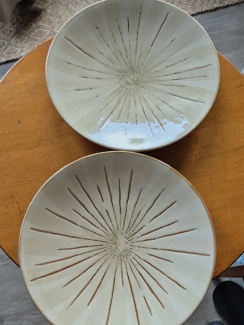 Pier 1 Sanctuary Stoneware Plate in Cream with Brown Stamp. Set Of 2.